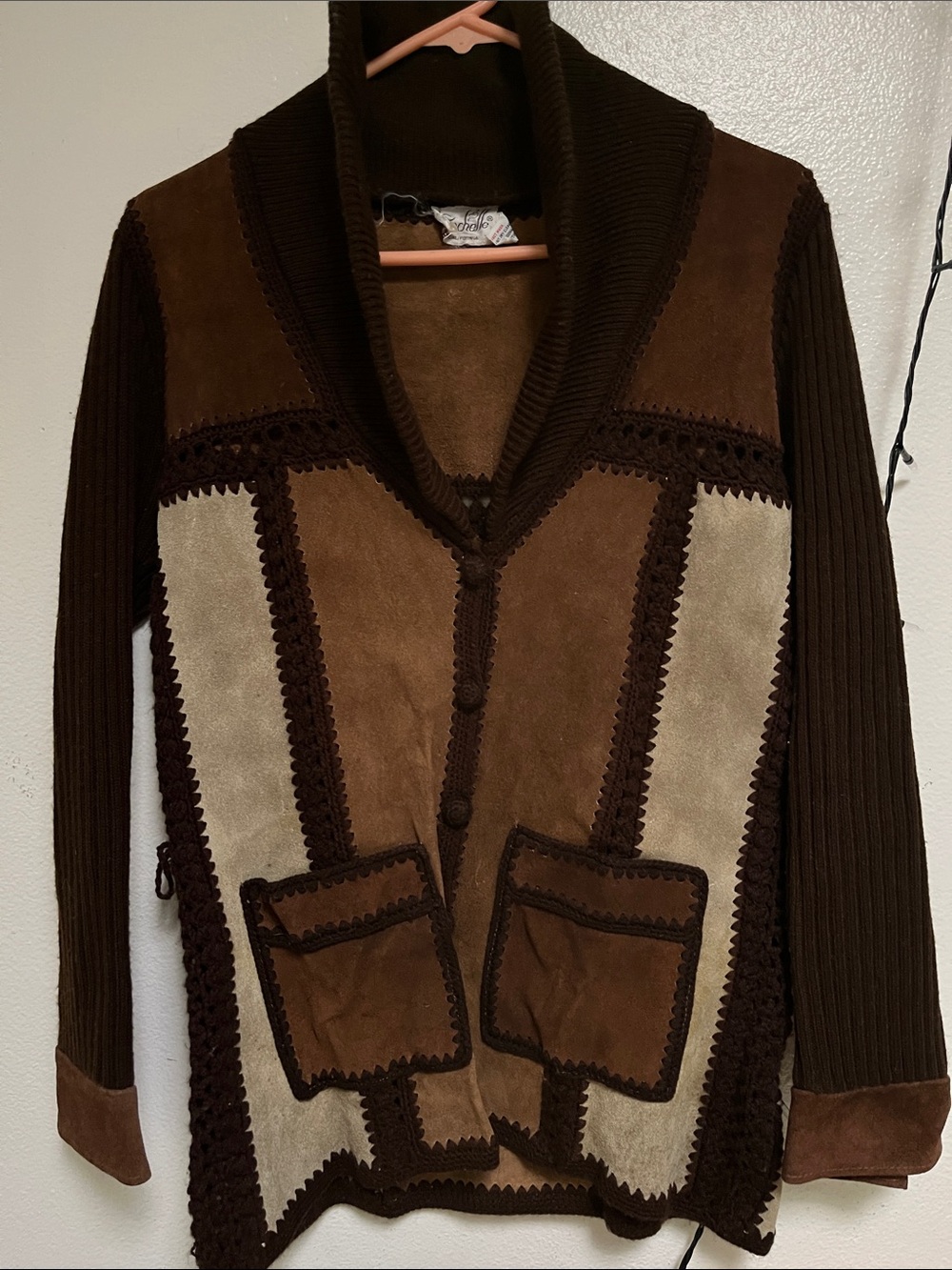 Rochelle Vintage Two-Tone Brown Shawl Collar Cardigan